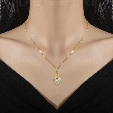 Heart Crown Pendant Necklace Sparkly Rhinestone Titanium Steel Chain Copper Metal Elegant Jewelry For Women Girls