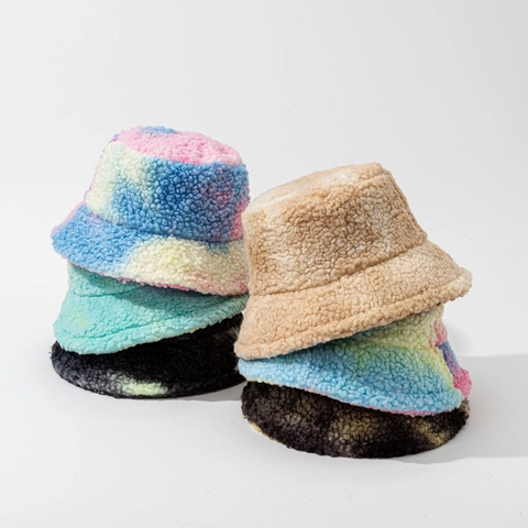 Winter Bucket Hat Faux Fur Warm Soft Plush Tie Dye For Women Outdoor Windproof Adjustable