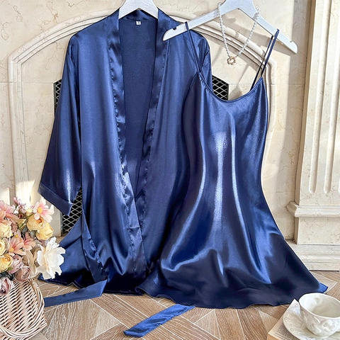 Vestaglia E Camicia Da Notte In Raso Da Donna Raso Spalline Sottili Scollo A V Con Cintura Pigiameria Blu Notte