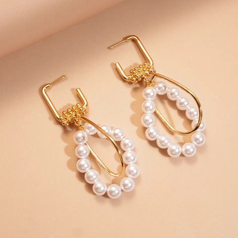 Pendientes Colgantes Geométricos Poste Plata De Ley 925 Aleación Tono Dorado Perla Artificial Imitación Joyería Elegante Vintage