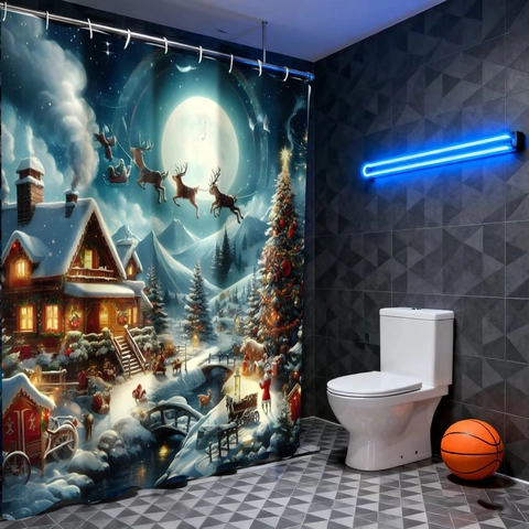 Christmas Shower Curtain Waterproof Polyester Fabric With Plastic Hooks Santa Reindeer Snow Scene Bathroom Decor Holiday
