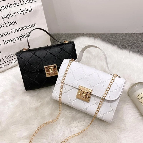 Women Small Square Shoulder Bag PU Leather Quilted Wavy Plaid Chain Crossbody Handbag With Metal Lock