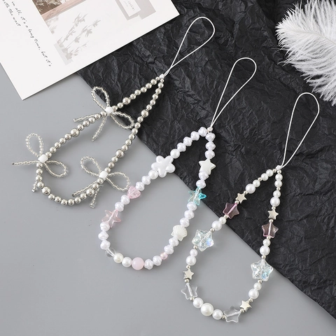 Handmade Beaded Phone Charm For Women Sweet Bow Star Heart Bear Artificial Pearl Acrylic Mobile Phone Strap Bag Keychain Accessory