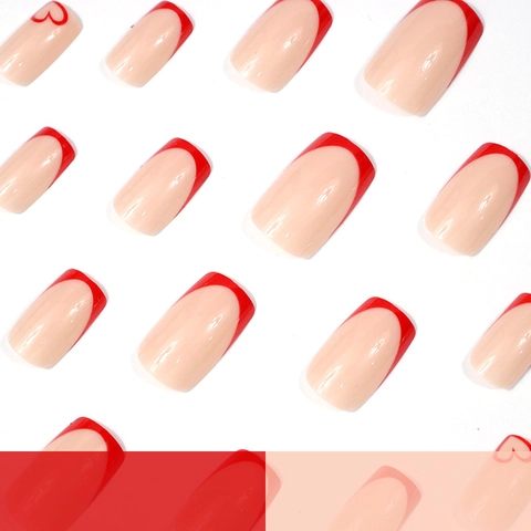 ABS Kunststoff Press On Nails Glänzend Rot French Tip Quadratisch Mittel Herz Muster Mode Nägel Für Frauen