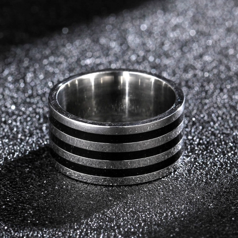 Men Ring Wide 316L Stainless Steel Polished Band With Triple Black Stripes Industrial Simple Style Jewelry