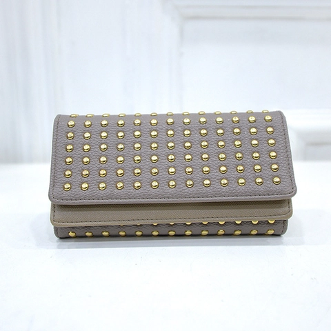 Damen Geldbörse Lang Clutch PU Leder Gold Nieten Faltbar Viele Kartenfächer Handyfach Lychee Textur Punk Mode