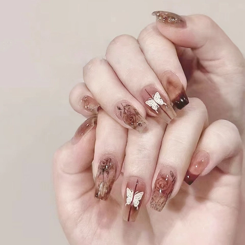 Unghie Finte Long Coffin Vintage Rosa Farfalla Marmo Glitter Eleganti Unghie Artificiali Per Donne