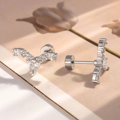 V Shaped Titanium Steel Zircon Earring Waterdrop Piercing Flat Screw Back Helix Cartilage Jewelry For Women Elegant