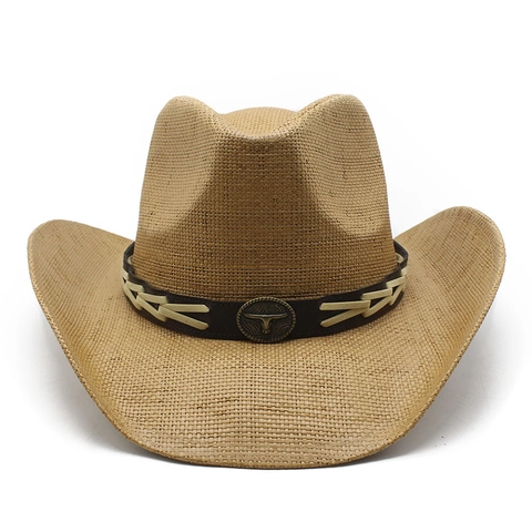 Western Cowboy Straw Hat Metal Bull Head Leatherette Belt Vintage Wide Brim Sun Shade Breathable For Men Women