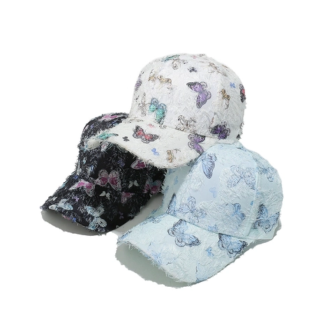 Butterfly Print Polyester Baseball Cap Women Frayed Distressed Texture Sun Protection Chic Sweet Vintage Outdoor Adjustable