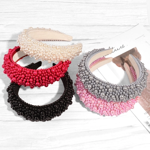 Faux Artificial Pearl Padded Headband For Women Elegant Wide Thick Sponge Hair Band French Style High Top Hair Accessories