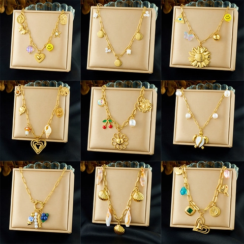 Gold Plated Stainless Steel Multi Charm Necklace Heart Flower Cherry Shell Butterfly Boho Sweet Jewelry For Women