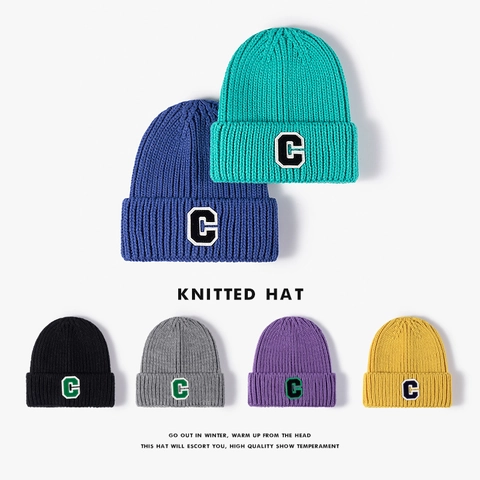 Unisex Knitted Beanie Hat Thick Warm Winter Outdoor Skull Cap With Letter C Patch Soft Ribbed Cuff Beanie