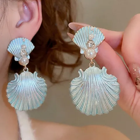 Orecchini Pendenti A Conchiglia Con Perno In Argento Sterling 925 Lega Strass Perla Artificial Blu Chiaro Oceano Spiaggia Vacanza