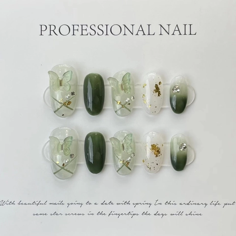 Handmade 3D Butterfly Press On Nails Gradient Green Long Oval Resin Rhinestone Gold Foil Artificial Pearl Decor Luxury Style Women