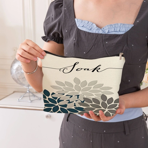 Borsa Da Trucco In Lino Floreale Pochette Da Toilette Con Cerniera Stampa Botanica Custodia Da Viaggio Per Donna