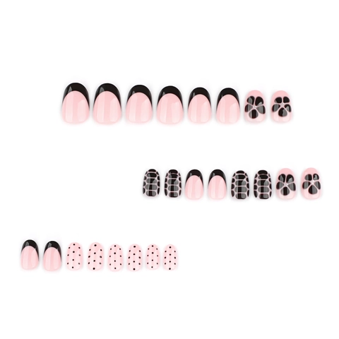 French Tip Press On Nagels Zwarte Stippen Bloemenpatroon Korte Ronde Vorm Kunstnagels Chic Elegant Voor Vrouwen