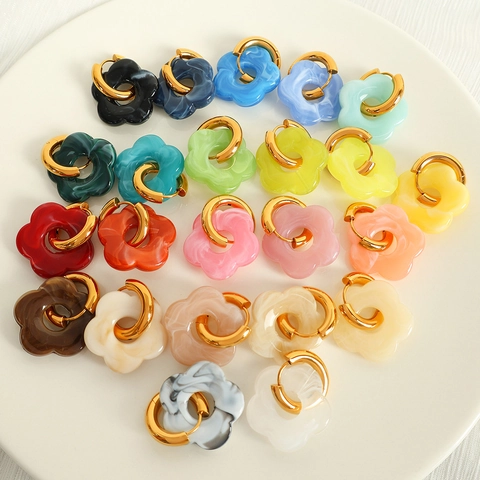 Flower Pendant Hoop Earrings Stainless Steel Resin Marble Texture Colorful Sweet Pastoral Style Fashion Jewelry For Women