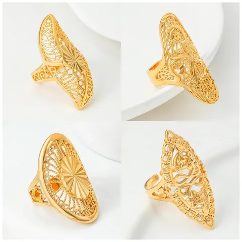 Dubai Gold Plated Copper Hollow Ring For Women Vintage Ethnic Filigree Statement Ring Bridal Wedding Party Jewelry