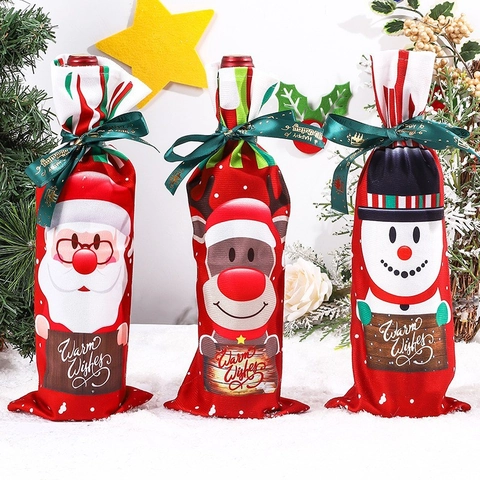 Copribottiglia Di Vino Di Natale Tessuto Cartone Animato Babbo Natale Pupazzo Di Neve Renna Stampato Decorazione Tavola Sacchetto Regalo