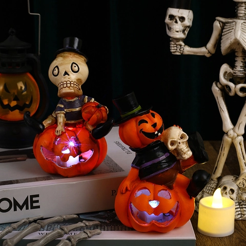 Décoration D'Halloween Squelette Citrouille Lumineuse LED Ornement Résine Bureau Accessoires De Fête Effrayante