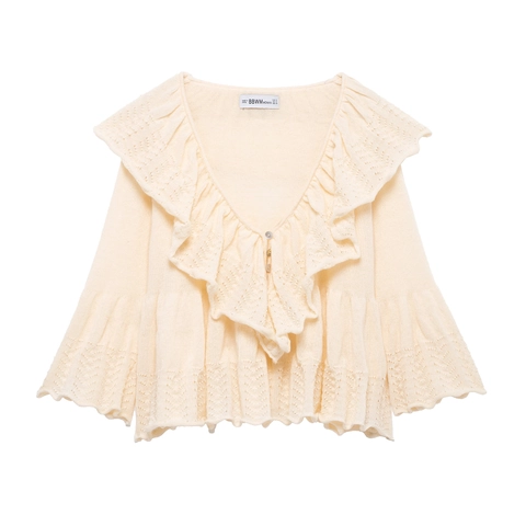 Women Knitted Top Ruffle V-Neck Long Sleeve Pointelle Hollow Out Sweet Elegant Pullover Sweater Milky White Solid
