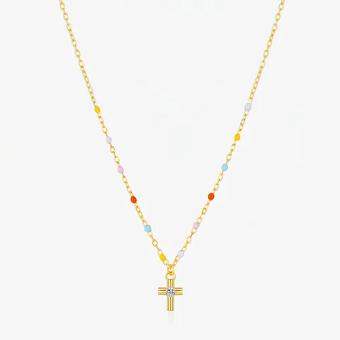 925 Sterling Silver Cross Pendant Necklace Colorful Beads Sparkling Zircon Gold Plated Jewelry For Women