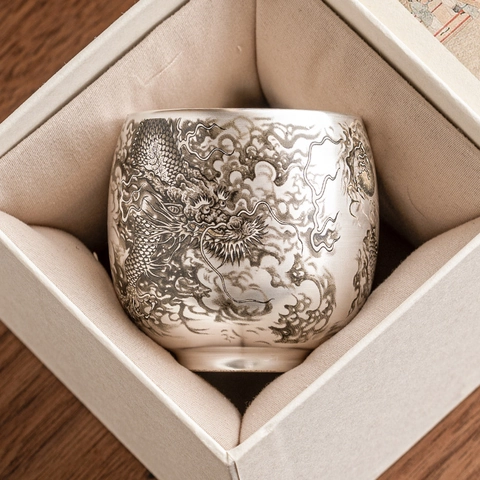 Tazza Da Tè In Porcellana Placcata Argento Sterling Con Rilievo Di Drago Cinese Per Cerimonia Del Tè Gongfu Regalo Di Lusso