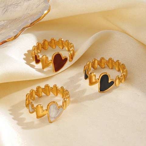 Anello In Acciaio Inossidabile A Forma Di Cuore Placcato Oro 18 Carati Smalto Moda Regolabile Fascia Aperta