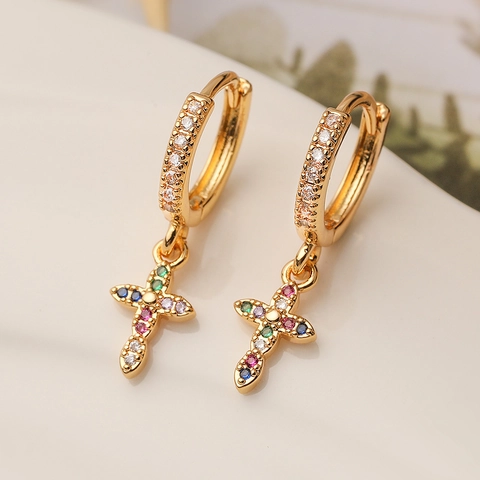 Damen Kupfer Echtgold Beschichtet Kreuz Anhänger Creolen Mit Bunten Zirkonia Zierlicher Minimalistischer Schmuck