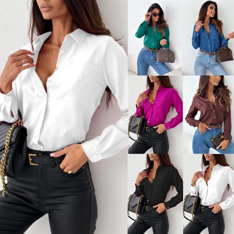 Dames Shirt Lange Mouwen Satijn Polyester V-Hals Revers Knopen Effen Kleur Elegant Kantoor Blouse
