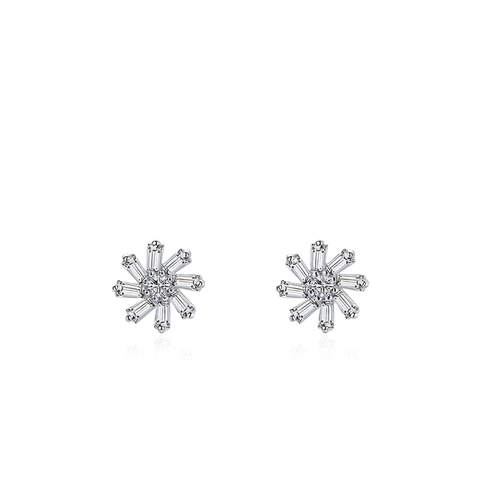 Flower Stud Earrings 925 Sterling Silver With Tapered Baguette Cubic Zirconia For Women Elegant Snowflake Jewelry