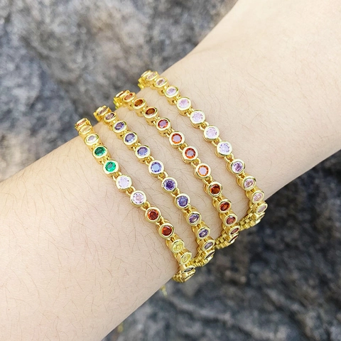 Tennis Bracelet Copper Gold Plated Round Zircon Colorful Adjustable Heart Pendant Fashion Jewelry For Women