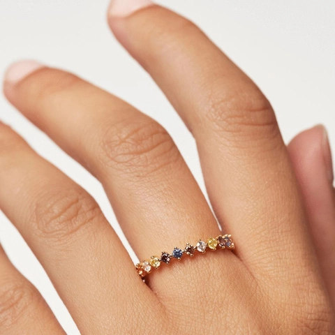 925 Sterling Silver Colorful Zircon Ring Gold Plated Stackable Eternity Band Minimalist Sparkly Jewelry For Women