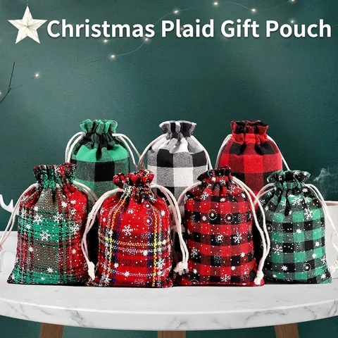 Christmas Plaid Gift Bags Snowflake Drawstring Pouches Cotton Linen Festive Candy Jewelry Packaging Party Favor Bags