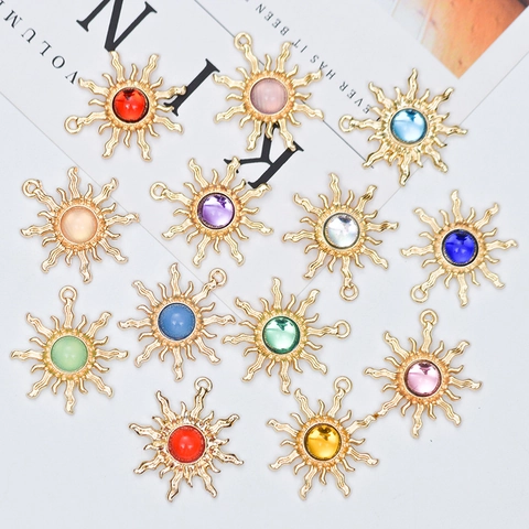 Vintage Sun Flower Alloy Pendants Baroque Jelly Color Gemstone Charms For DIY Earrings Bracelets Jewelry Making Accessories