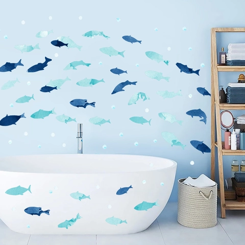 Watercolor Ocean Fish Wall Decals PVC Waterproof Self Adhesive Sea Life Stickers For Bathroom Bathtub Kids Room Decor