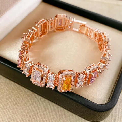 Luxury Rose Gold Plated Copper Bracelet With Multi Colored Rectangle Cubic Zirconia For Women Elegant Vintage Jewelry