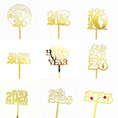 Happy New Year 2026 Cake Topper Acrylic Mirror Gold Red Cheers To 2026 Party Decoration For New Year's Eve