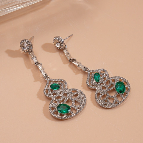 Boucles D'oreilles Pendantes Gourde Creuse Vintage Alliage Pierre Verte Strass Avec Tige En Argent 925 Pour Femmes