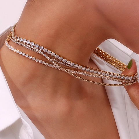 Collana Tennis in Acciaio Inossidabile con Zirconia per Donna Oro Argento Galvanico Minimalista Moderno Banchetto Gioielli