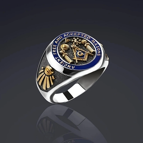 Anello Sigillo Massonico Lega Bicolore Smalto Blu Ancient Free And Accepted Masons Gioielli Per Uomo