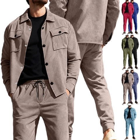 Men Lapel Button Down Jacket And Drawstring Jogger Pants Suede Knitted Fabric Casual Streetwear Fashion Outerwear