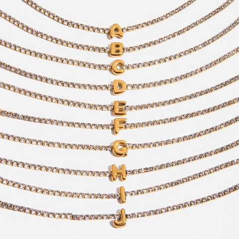 Roestvrij Staal Goud Initial Letter Armband Ketting Voor Vrouwen Luxe Strass Alfabet Hanger Tennis Ketting Sieraden