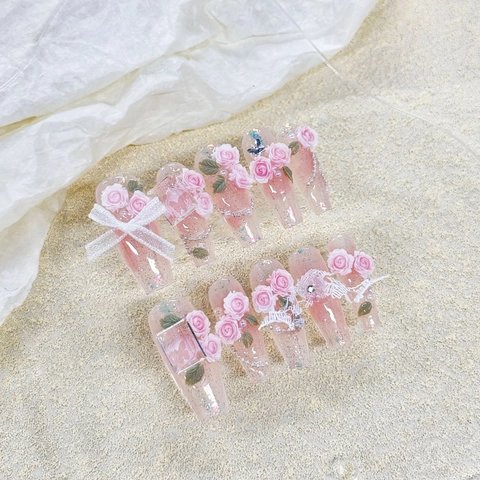 Handmade 3D Rose Flower Press On Nails Pink Gradient Long Coffin Fake Nails With Pearls Rhinestone Lace Bow Decorative Nails