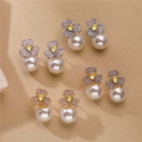 Elegant Copper Flower Pearl Stud Earrings For Women Micro Pave Rhinestone Petal Floral Drop Earrings Fashion Jewelry Gift