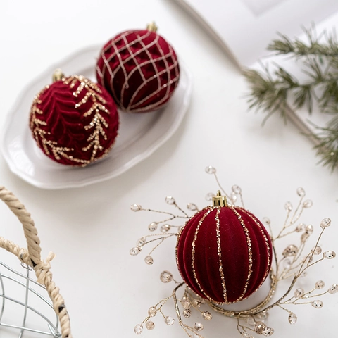Christmas Ball Ornaments Velvet Flocked Glitter Patterns Decorative Hanging Baubles For Holiday Tree Home Party Decor