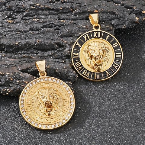 Men Stainless Steel Lion Head Pendant Necklace With Rhinestone Roman Numeral Hip Hop Retro Punk Jewelry