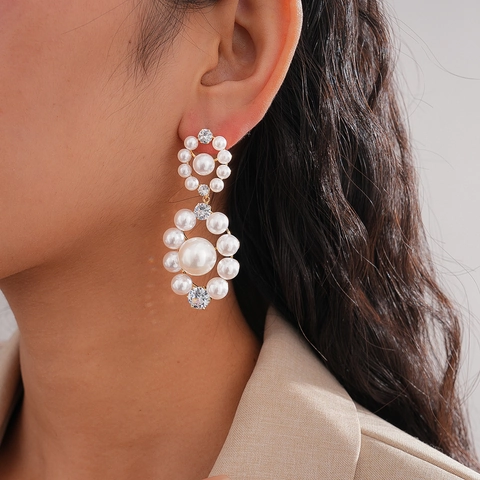Retro Elegant Round Cluster Drop Earrings With Imitation Artificial Pearl Cubic Zirconia And Silver Earring Post For Women