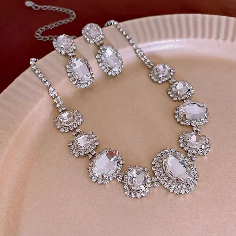 Gioielli In Rame Con Strass Taglio Ovale Lusso Donna Collana E Orecchini Pendenti Color Argento Accessori Da Banchetto